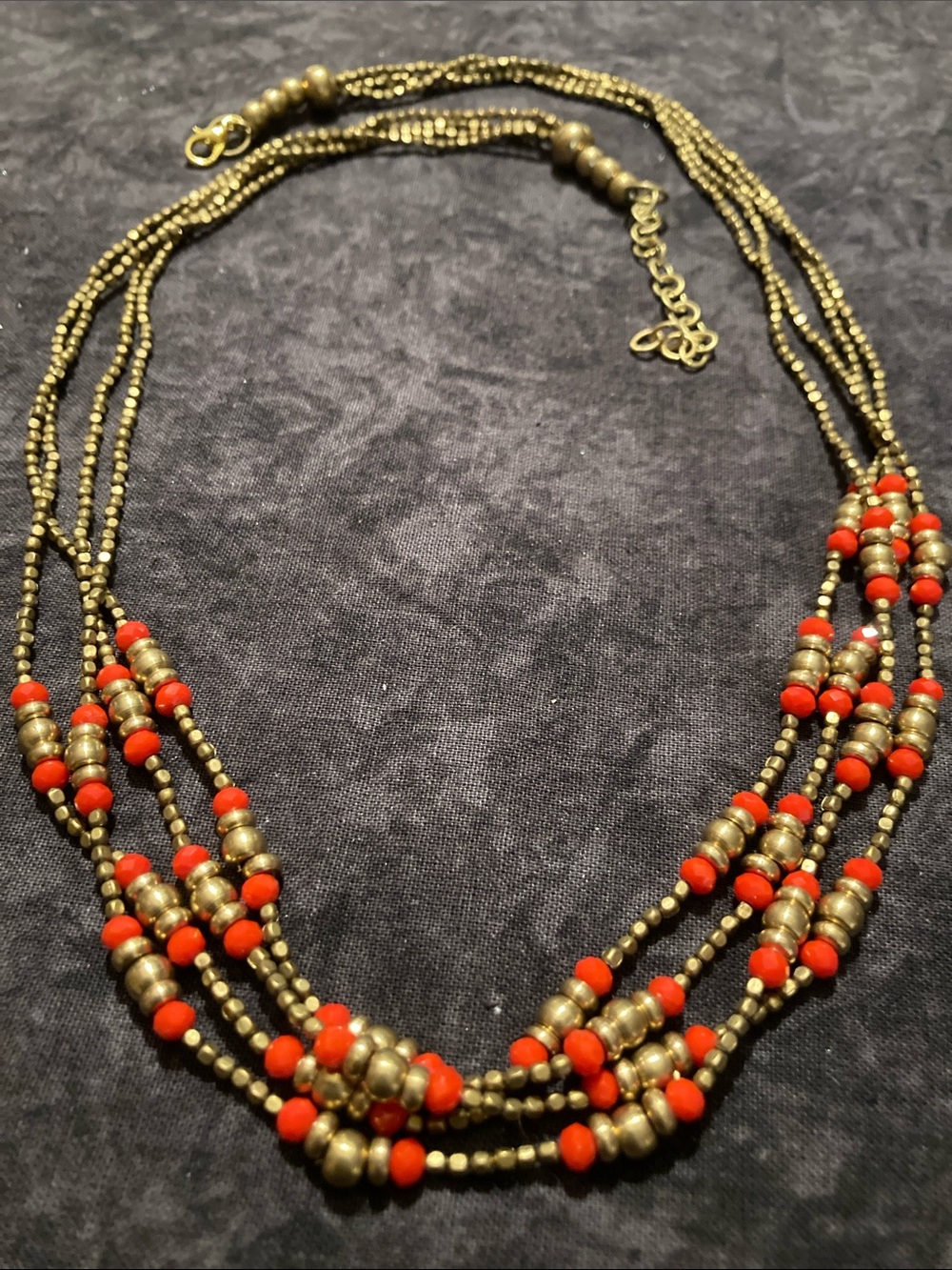 Multi-Strand Red Bead Necklace with Antique Gold Tone Accents